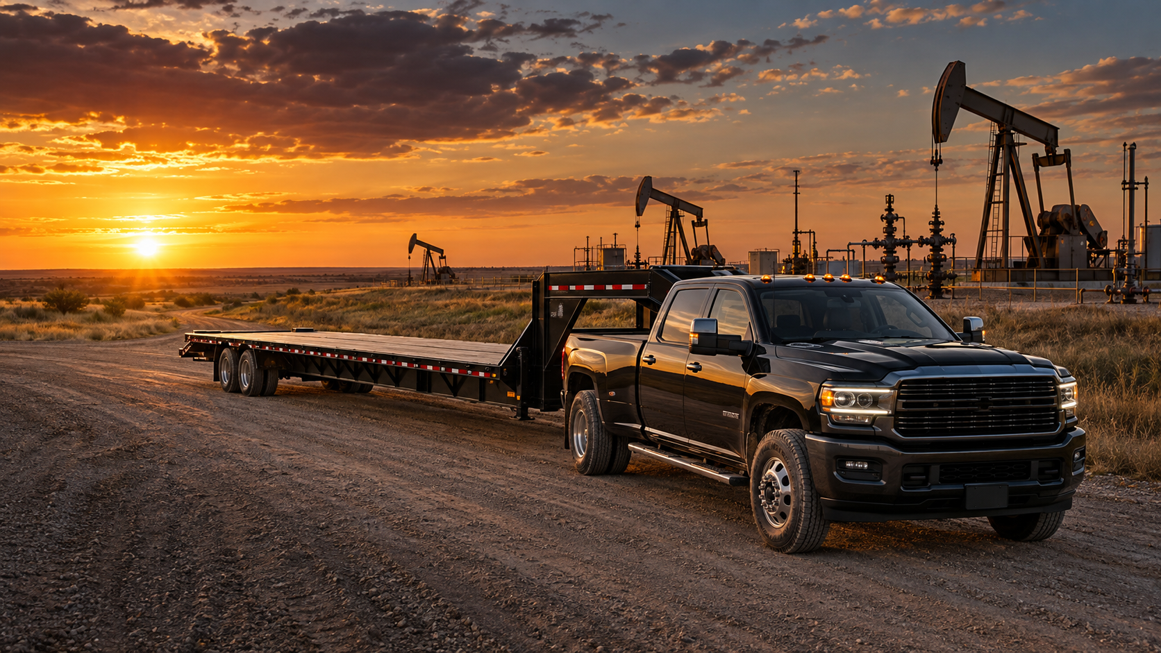 Heavy-duty pickup and gooseneck trailer on an Oklahoma oilfield road