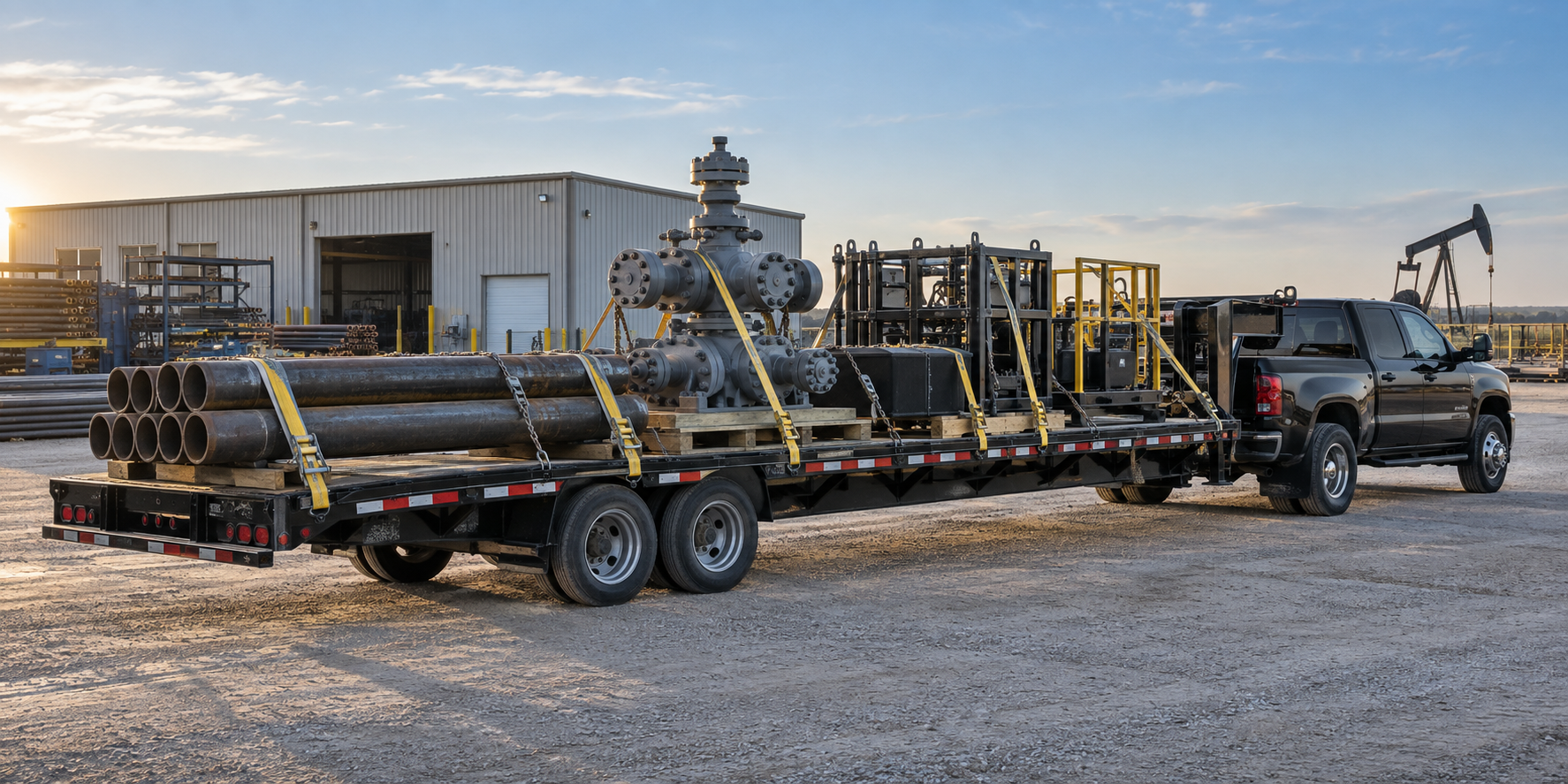 Industrial equipment secured on a hotshot flatbed trailer